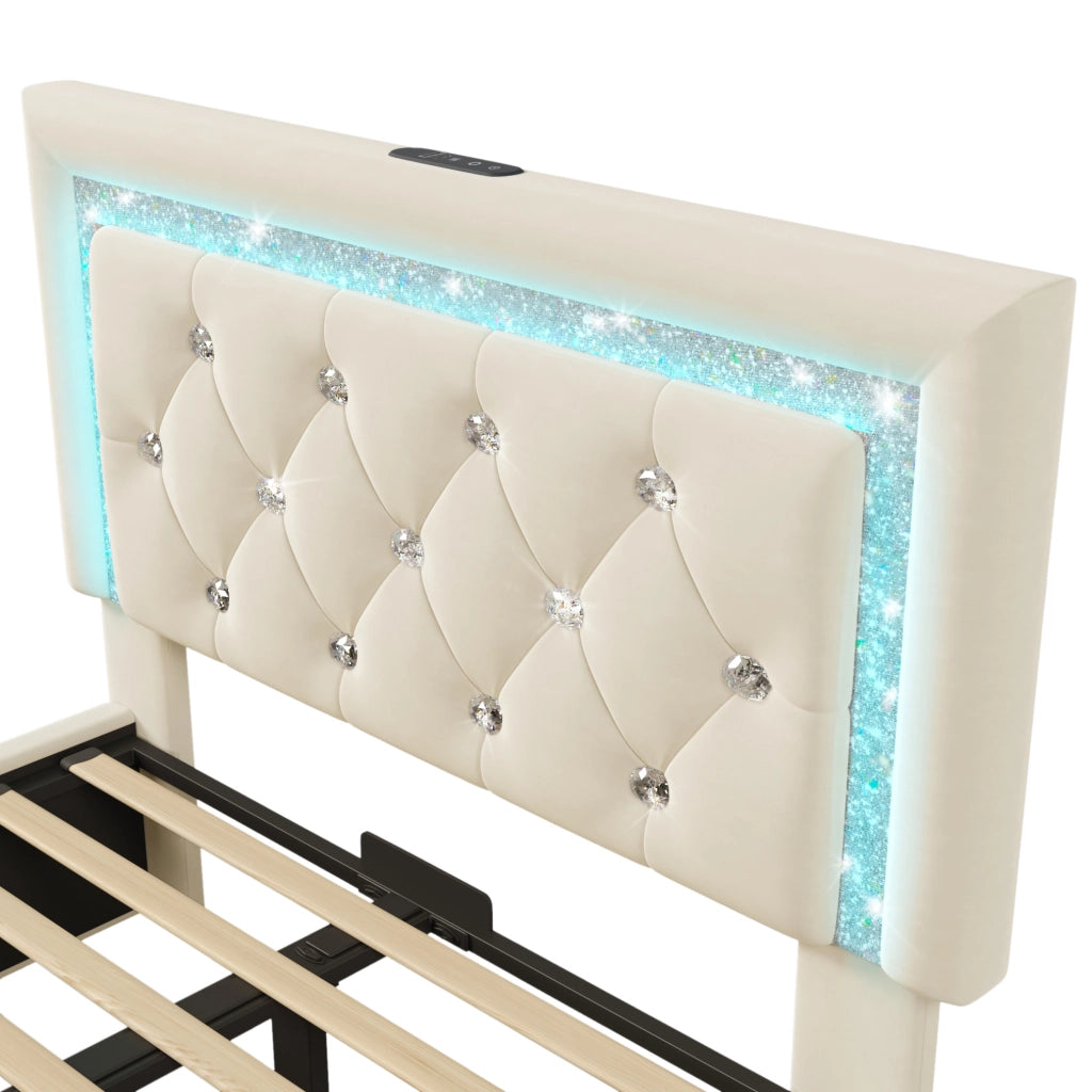 Letto singolo 90x200 cm in velluto beige con LED integrato; USB e Type-C; contenitore