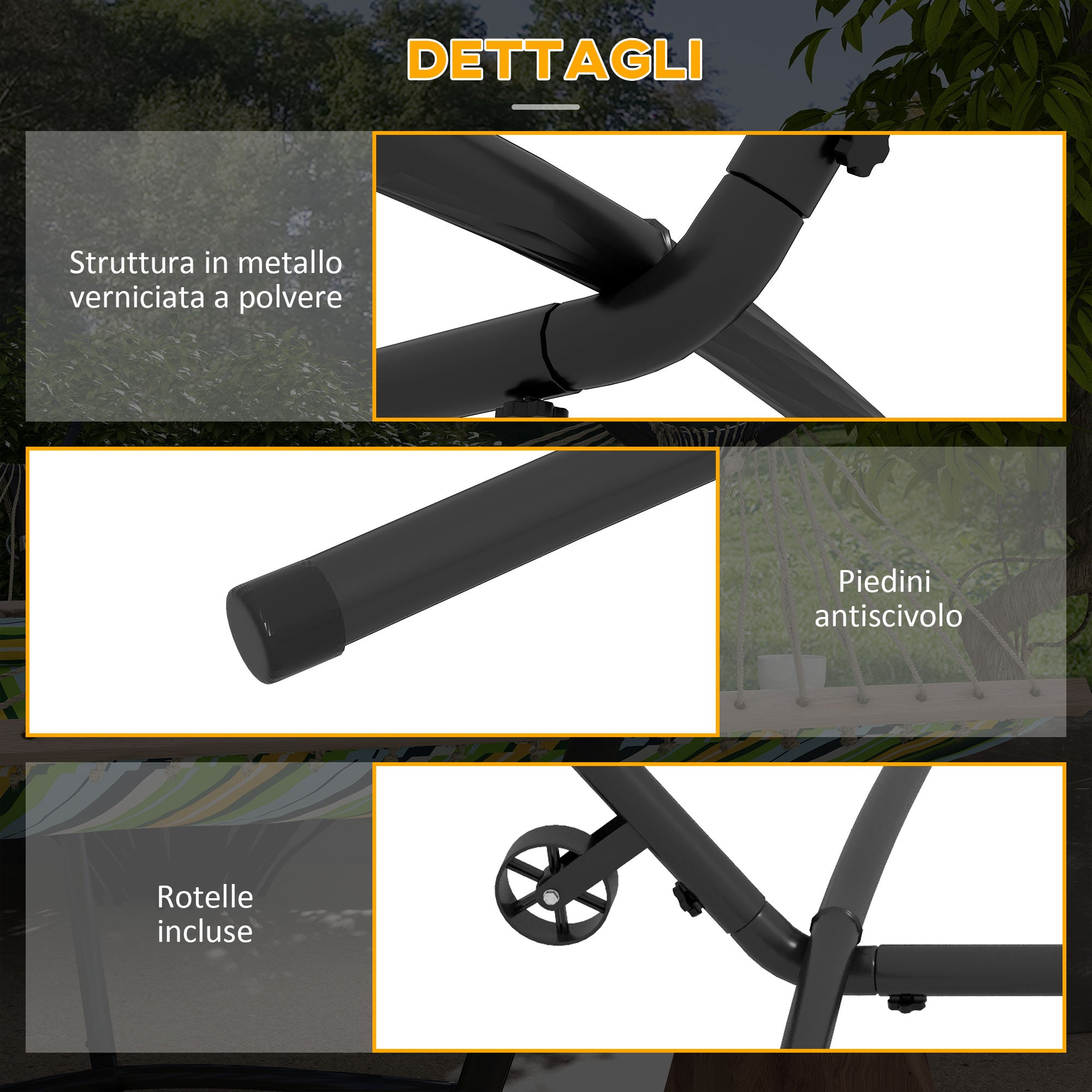 Supporto per Amaca da 330 cm max con 6 Fori e Rotelle 290x120x115 cm in Metallo Nero