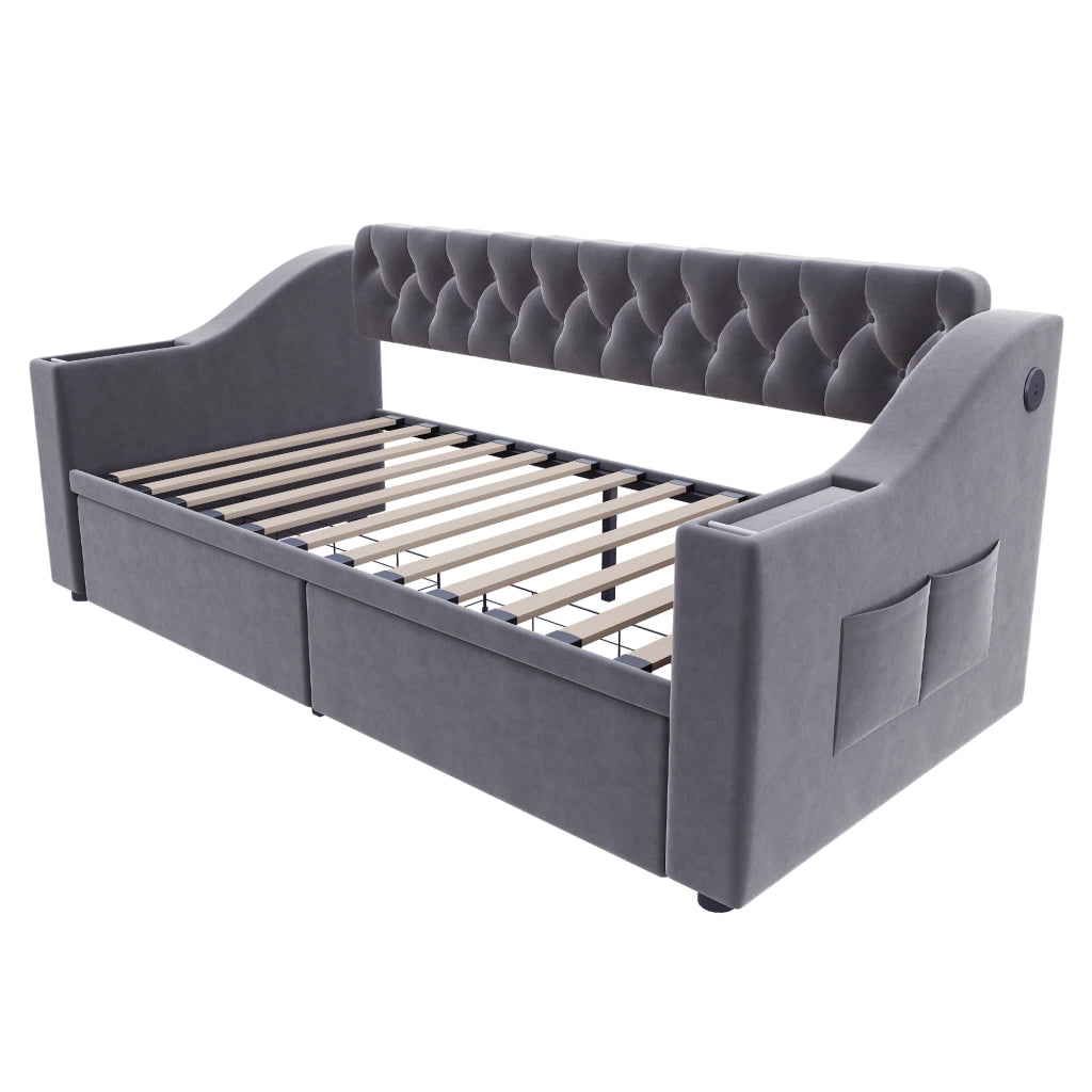 Letto imbottito singolo 90×190 cm con cassetti; USB; Type-C e vani laterali; senza materasso; velluto; grigio