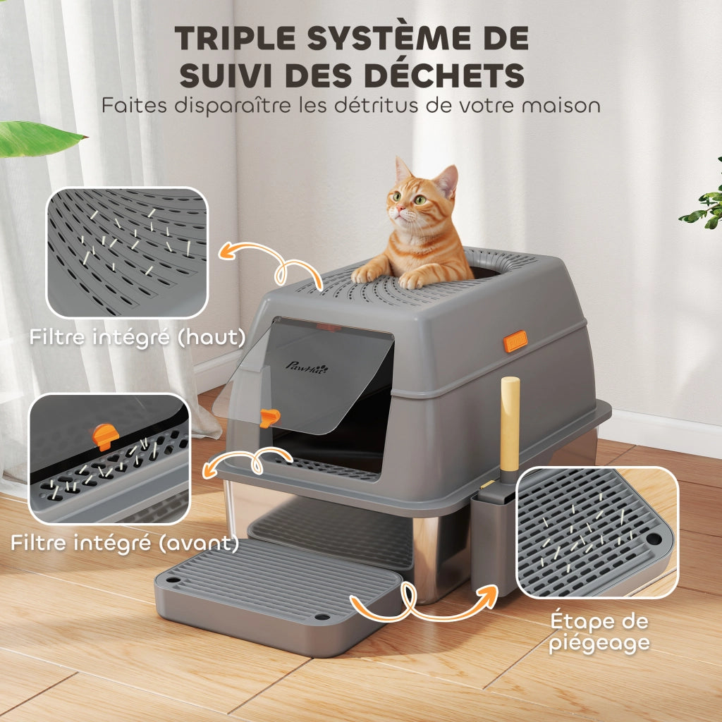 Lettiera chiusa per gatti ¨C Xylo ¨C acciaio inossidabile con coperchio grigio scuro 60x40x38cm