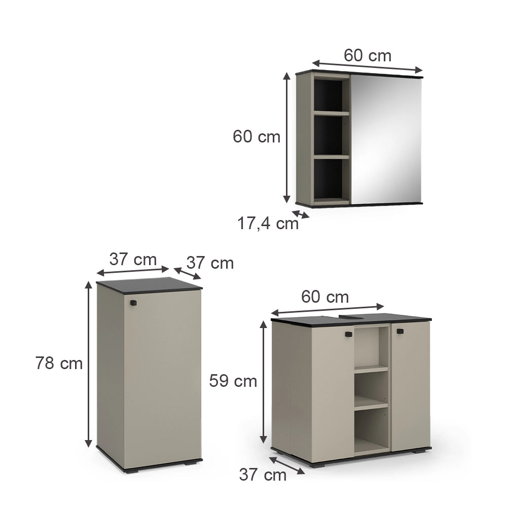 Vicco Set di mobili da bagno Grigio 3 pezzi, con cabinet midi