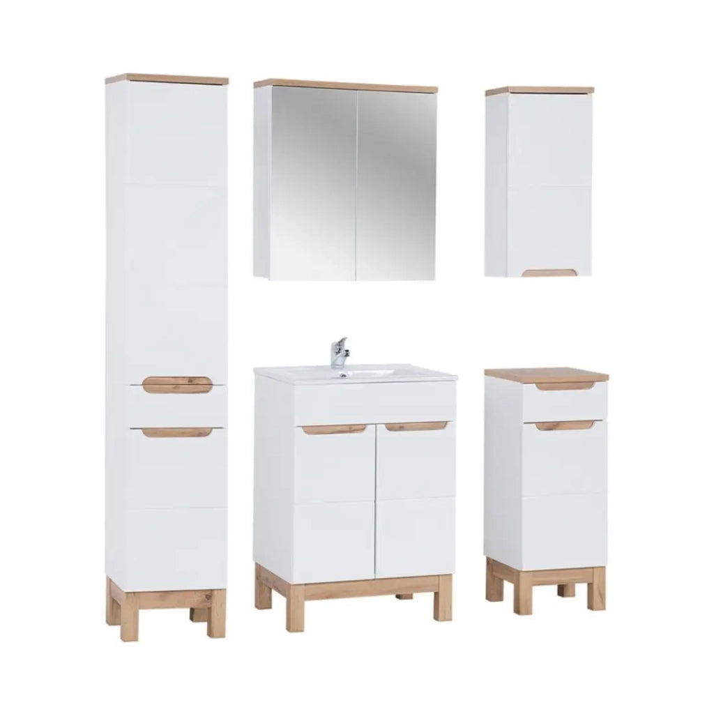 Insieme ERMANO: mobile sotto lavabo 60cm + lavabo da incasso + sifone + colonna + contenitori + mobile con specchi