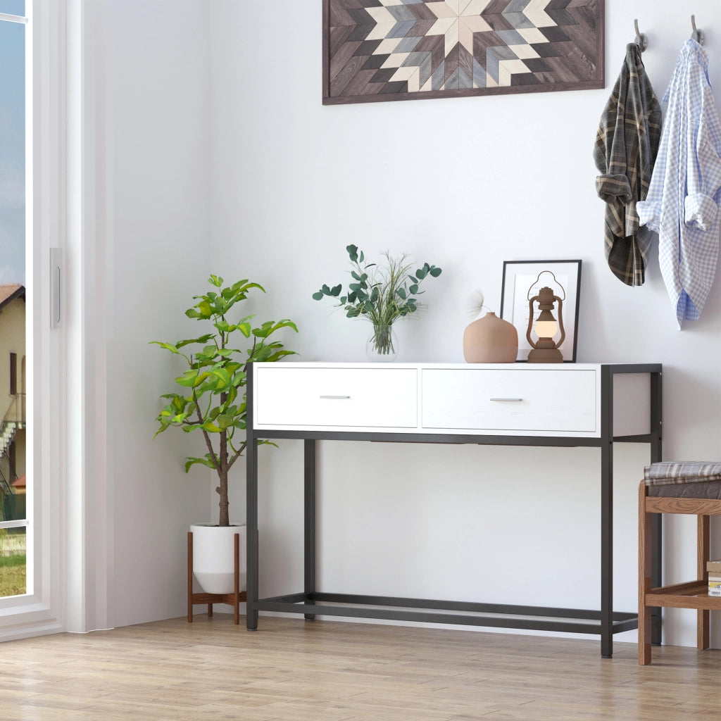 EasyComfort Tavolo Consolle per Ingresso con 2 Cassetti, Piano d'appoggio in Legno Bianco e Gambe in Metallo Nero 120x34x81cm