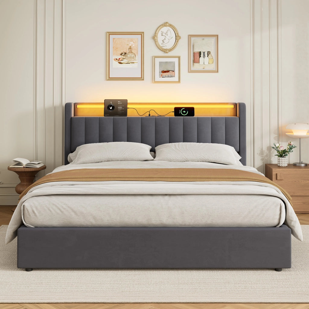 Letto Imbottito 140x200 cm Grigio Scuro in Velluto con Contenitore, USB e Luce d’Atmosfera