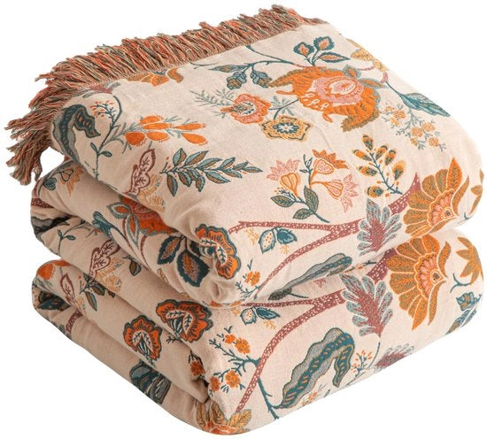 Boho deken 100% cotone - mousseline sprei a doppia faccia 150x200cm, deken per divano e letto, design estetico, ideale per salotto e camera da letto, arancione/verde.