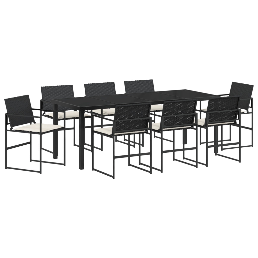 Set da Pranzo da Giardino 9 Pezzi con Cuscini Nero Rattan Polimerico