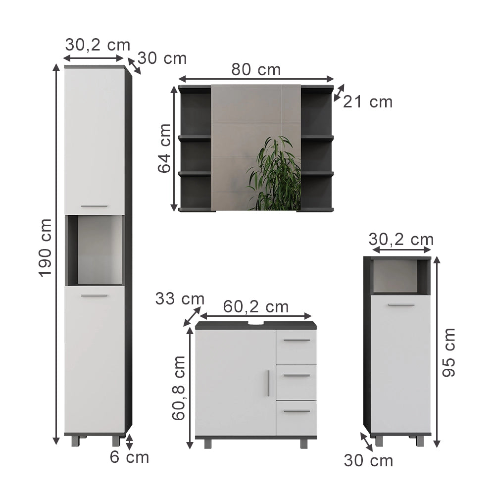 Vicco Set di mobili da bagno Antracite/bianco 4 parti