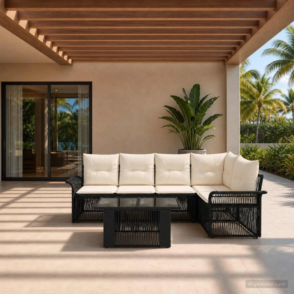 Set Divano da Giardino 6 pz Nero e Bianco Crema polyrattan 3436636