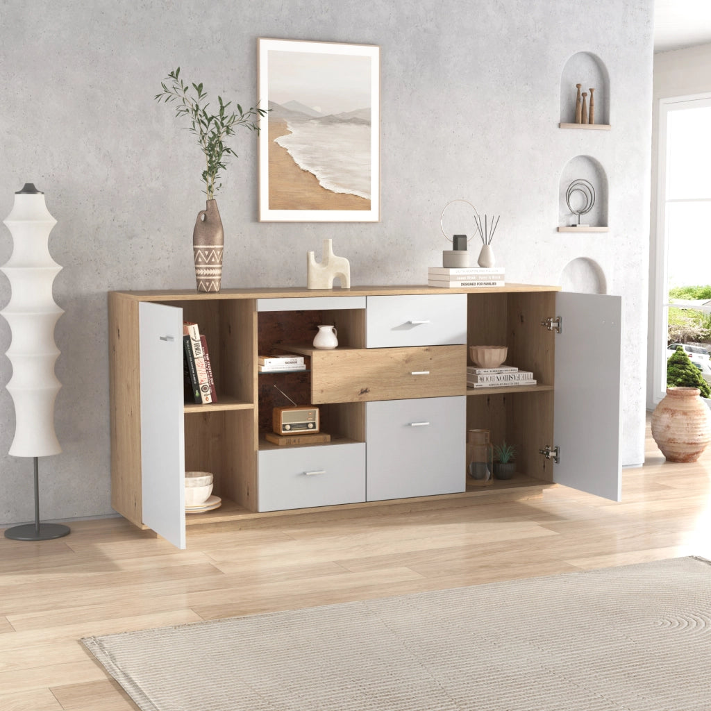 OKWISH Credenza Contenitore con 2 Ante e 4 Cassetti, Ripiani Regolabili e LED, per Soggiorno, MDF, 160 x 40 x 77 cm