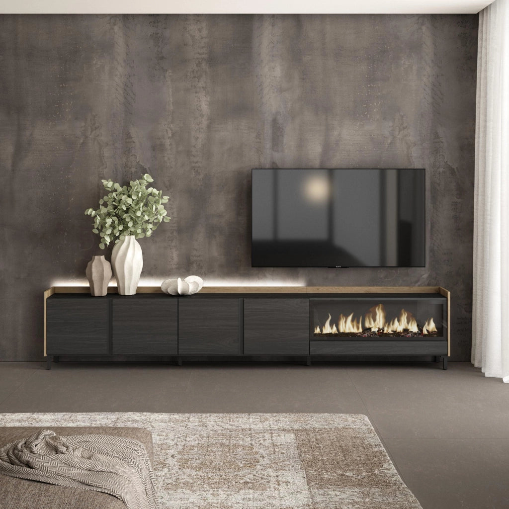 Mobile TV Soggiorno, 315x61x35 cm, Per TV fino a 80", Camino elettrico XXL, Design industriale, LED, Nero e rovere