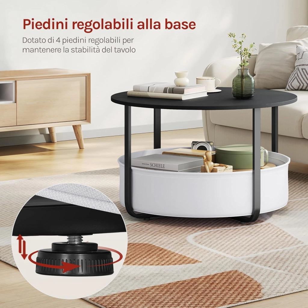 Tavolino da Salotto Rotondo Ø 80 cm con Cestino Portaoggetti in Tela e Struttura in Metallo, Tavolino da Caffè per Soggiorno, Stile Moderno, Nero+Grigio