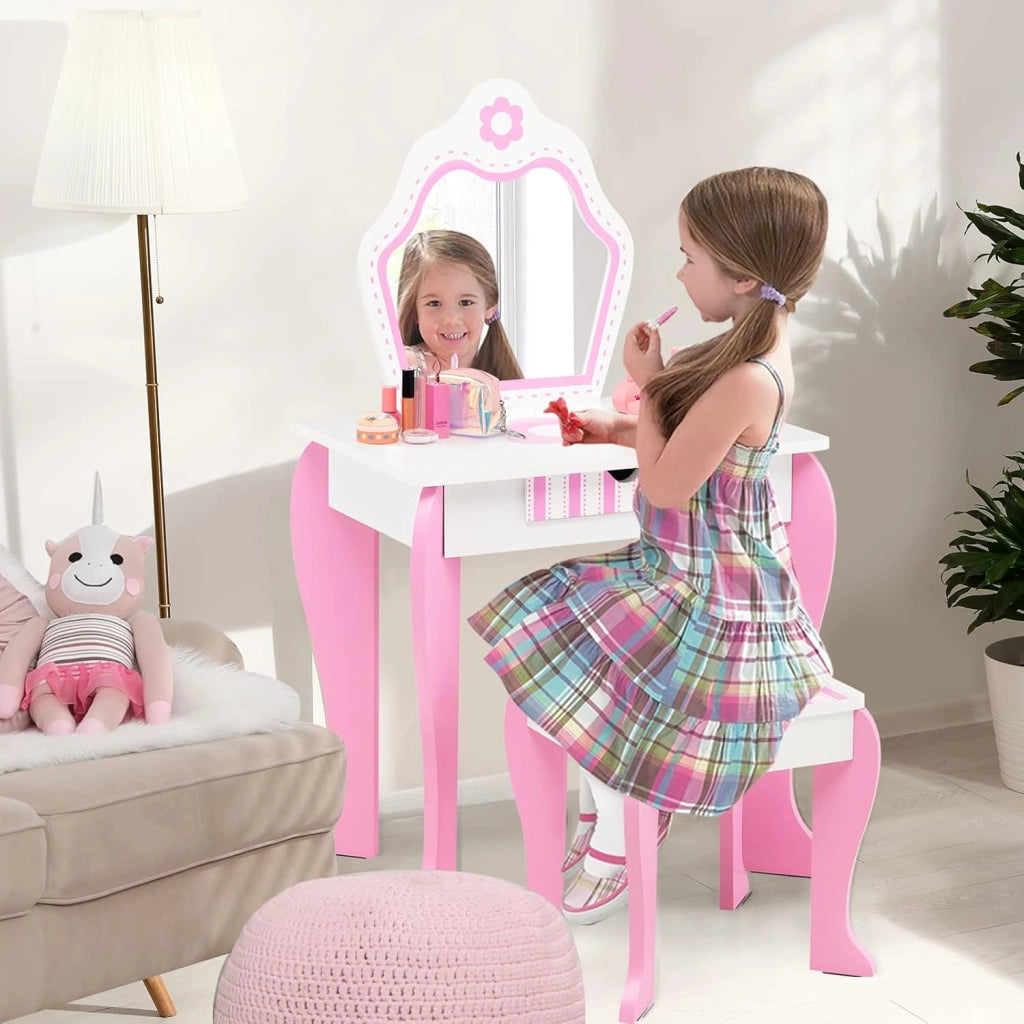 Toeletta Trucco per Bambina, Specchiera per Ragazzi in Legno, Postazione Trucco Robusto 2 in 1 con Cassetto, Sgabello e Specchio Staccabile, 49 x 34 x 86 cm, Bianco e Rosa