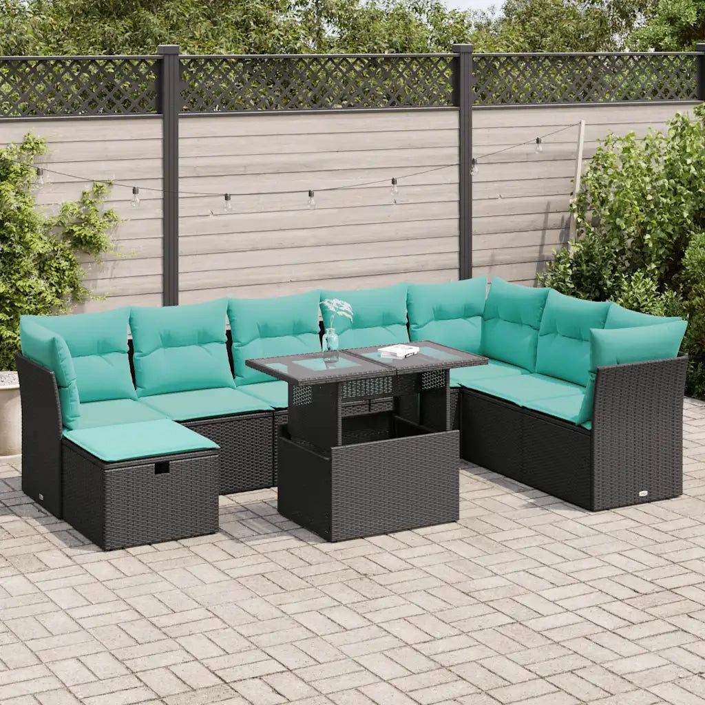Set Divani da Giardino 9 pz con Cuscini Nero Polyrattan Acacia 3327797