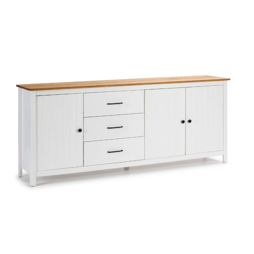 Credenza Miranda in legno massiccio colore bianco e pino 191x40x80H - 3 Ante e 3 cassetti