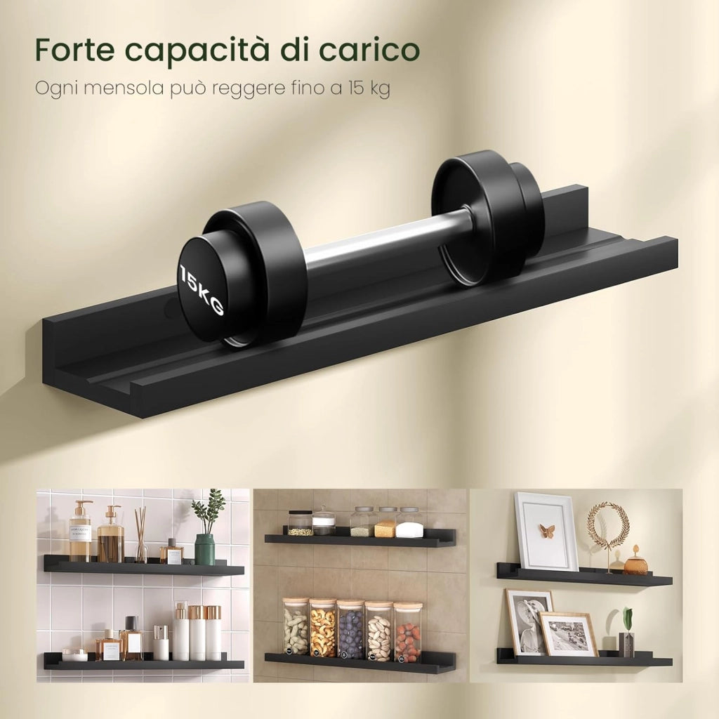 Set di 6 scaffali da Parete, per Foto, per Soggiorno, Camera da Letto, Bagno, Cucina, 60 x 5 x 12 cm