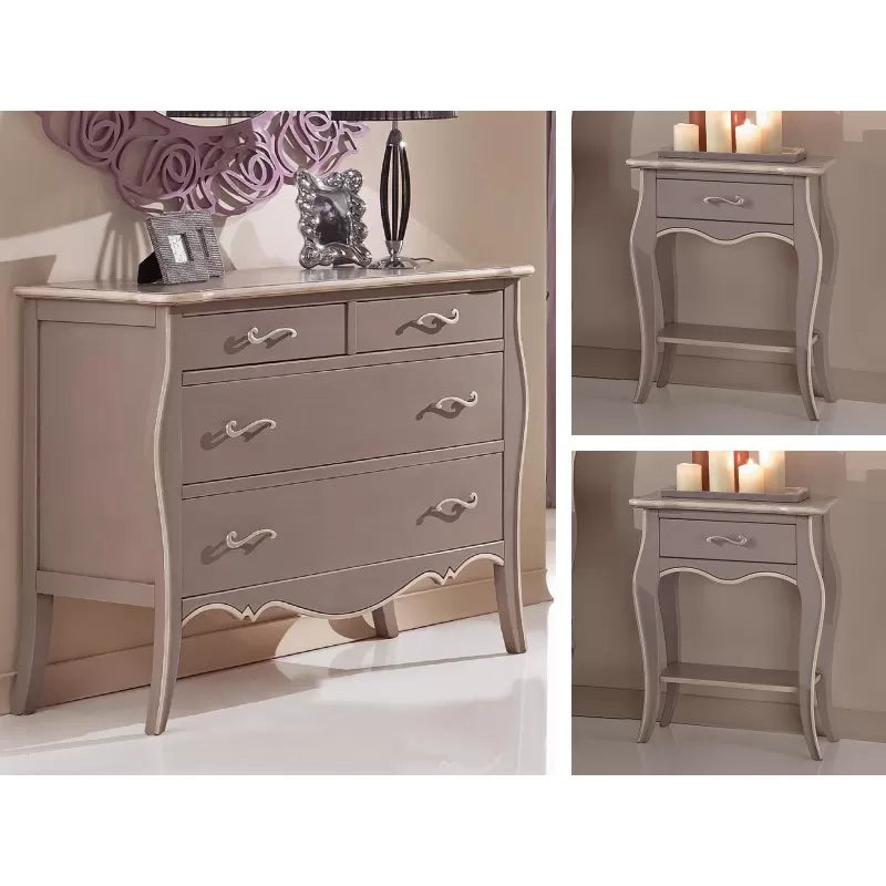 Gruppo cassettiera e due comodini legno shabby tortora filo avorio (1479+1480) - Mobili 2G