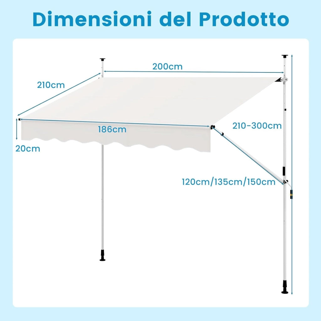 Tenda da Sole a Morsetto, Tenda per Balcone Senza Foratura Altezza e Inclinazione Regolabili con Manovella, Telo Impermeabile e Resistente ai Raggi Solari e Telaio Antiruggine (2M,Bianco)