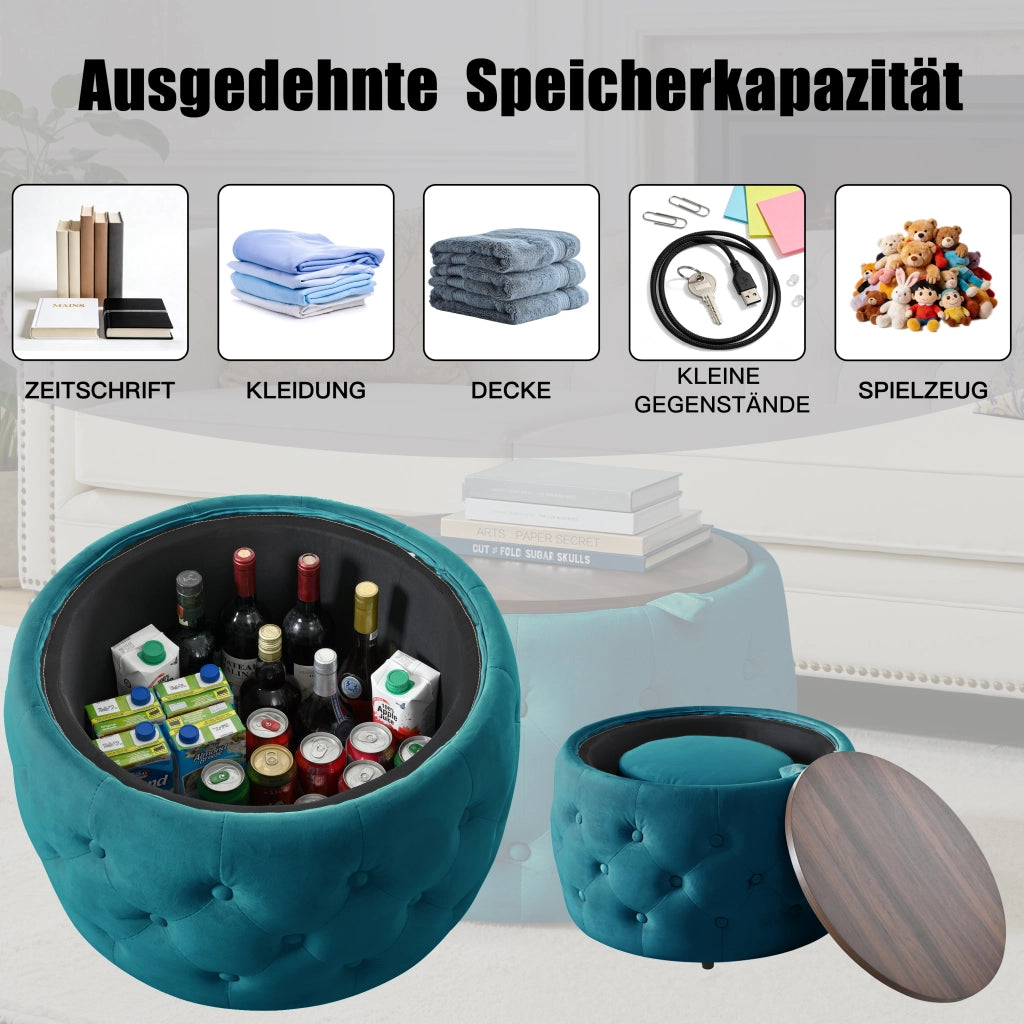 Pouf contenitore in velluto con vano portaoggetti e vassoio in legno blu 58 × 58 × 38 cm