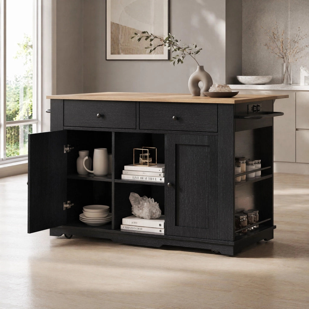 Isola da cucina pieghevole con prese; 2 cassetti e 6 vani; MDF e metallo; nero/naturale
