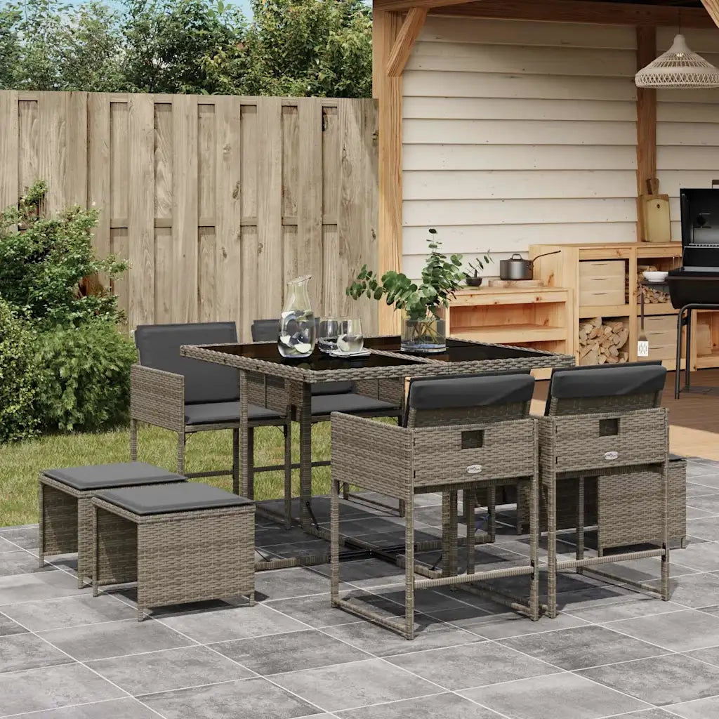 Set da Pranzo da Giardino 9 pz | Set Salotto da Giardino con Cuscini in Polyrattan Grigio