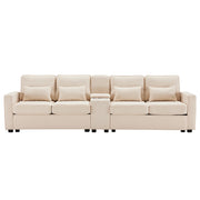 Divano Dritto 4 Posti con Consolle; 2 Portabicchieri e 2 Porte USB; Cuscini di Supporto; in Lino Beige