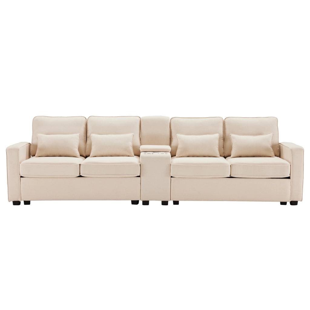 Divano Dritto 4 Posti con Consolle; 2 Portabicchieri e 2 Porte USB; Cuscini di Supporto; in Lino Beige
