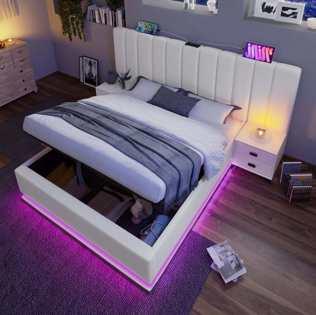 Letto matrimoniale 160x200 cm imbottito con LED e prese USB; contenitore; bianco