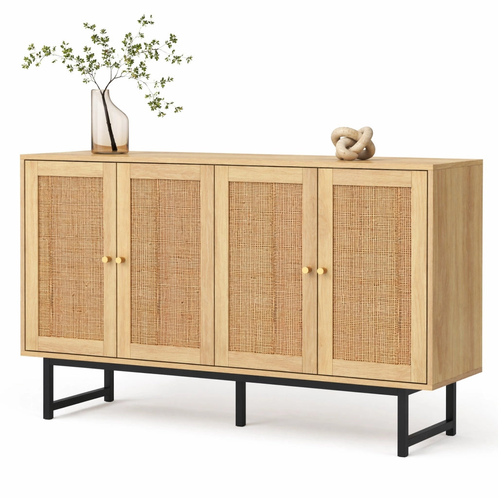 Credenza elegante 140 cm con 4 ante e intreccio in rattan