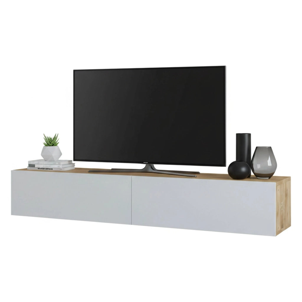 Mobile porta TV Pavone, Credenza da soggiorno, Armadio basso per TV, Base parete attrezzata, 180x32h30 cm, Quercia e Bianco