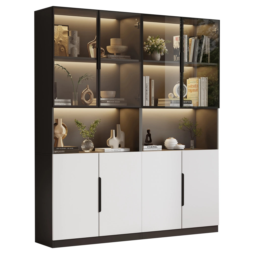 Vetrina con led e ante in vetro, vano aperto e ripiano regolabile, per soggiorno, 160 × 30 × 200 cm