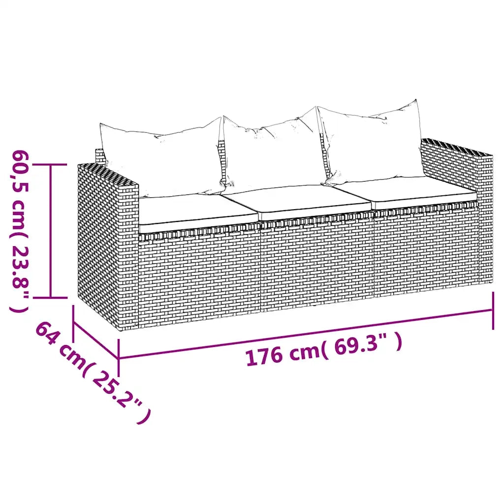 Divano da Giardino a 3 Posti-Sofa da giardino con Cuscini in Polyrattan Marrone