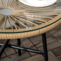 Tavolino da Giardino Rotondo Stile Boho in Rattan PE e Vetro, Ø50x50cm, Beige
