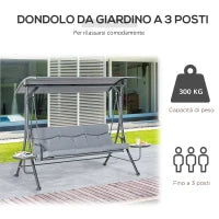 Dondolo da Giardino a 3 Posti , Dondolo da Esterno con Tettuccio Regolabile e 2 Tavolini, Grigio 271x125x177cm