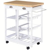 Carrello da Cucina Multiuso con 2 Cassetti, 2 Ripiani e 2 Cesti, in Legno di Pino, 74x37x76 cm, Bianco
