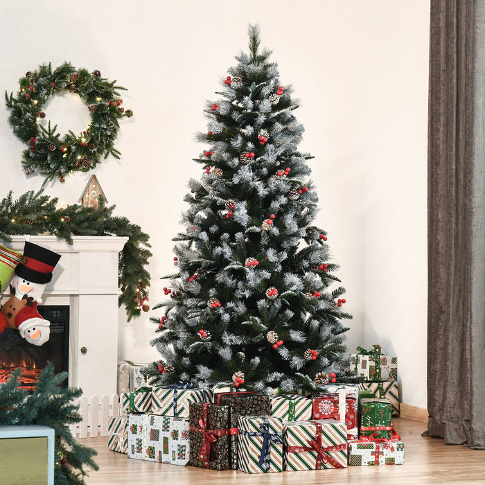 Easycomfort Albero di Natale Innevato 180cm con Bacche Rosse e Pigne Bianche, Base Rimovibile Pieghevole, 678 Rami, Verde