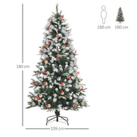 Easycomfort Albero di Natale Innevato 180cm con Bacche Rosse e Pigne Bianche, Base Rimovibile Pieghevole, 678 Rami, Verde