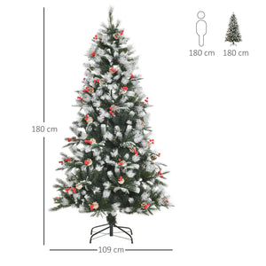 Easycomfort Albero di Natale Innevato 180cm con Bacche Rosse e Pigne Bianche, Base Rimovibile Pieghevole, 678 Rami, Verde