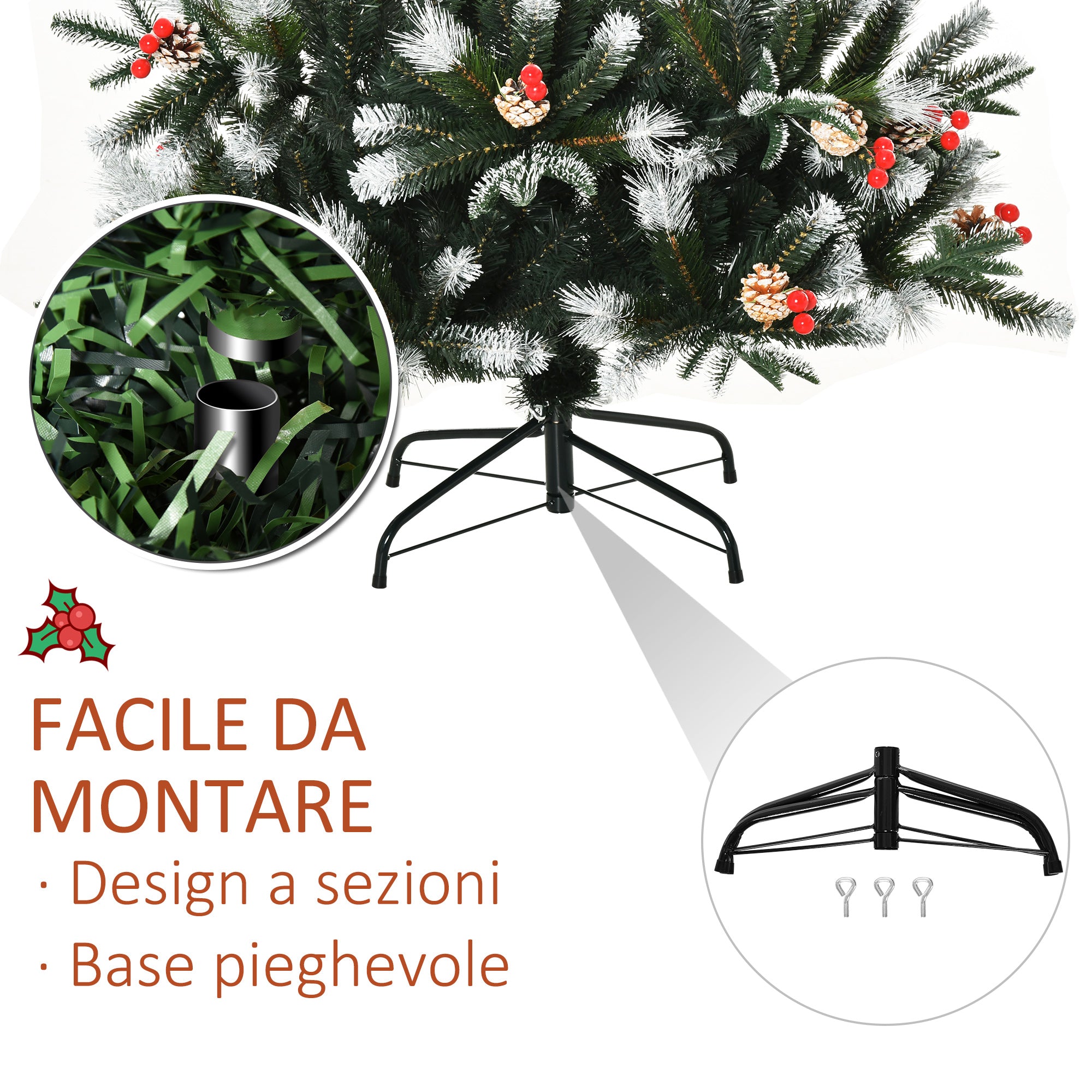 Easycomfort Albero di Natale Innevato 180cm con Bacche Rosse e Pigne Bianche, Base Rimovibile Pieghevole, 678 Rami, Verde