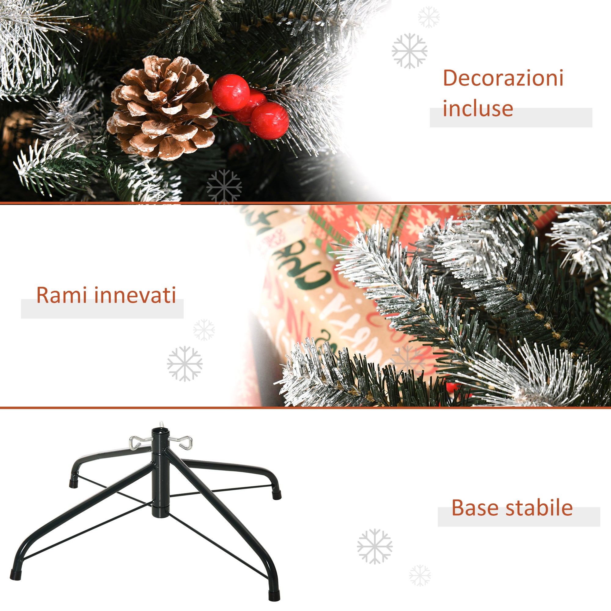 Easycomfort Albero di Natale Innevato 180cm con Bacche Rosse e Pigne Bianche, Base Rimovibile Pieghevole, 678 Rami, Verde