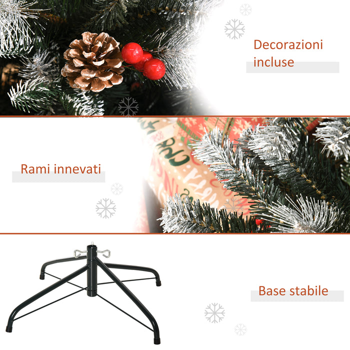 Easycomfort Albero di Natale Innevato 180cm con Bacche Rosse e Pigne Bianche, Base Rimovibile Pieghevole, 678 Rami, Verde