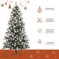 Easycomfort Albero di Natale Innevato 180cm con Bacche Rosse e Pigne Bianche, Base Rimovibile Pieghevole, 678 Rami, Verde