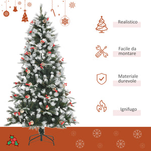 Easycomfort Albero di Natale Innevato 180cm con Bacche Rosse e Pigne Bianche, Base Rimovibile Pieghevole, 678 Rami, Verde