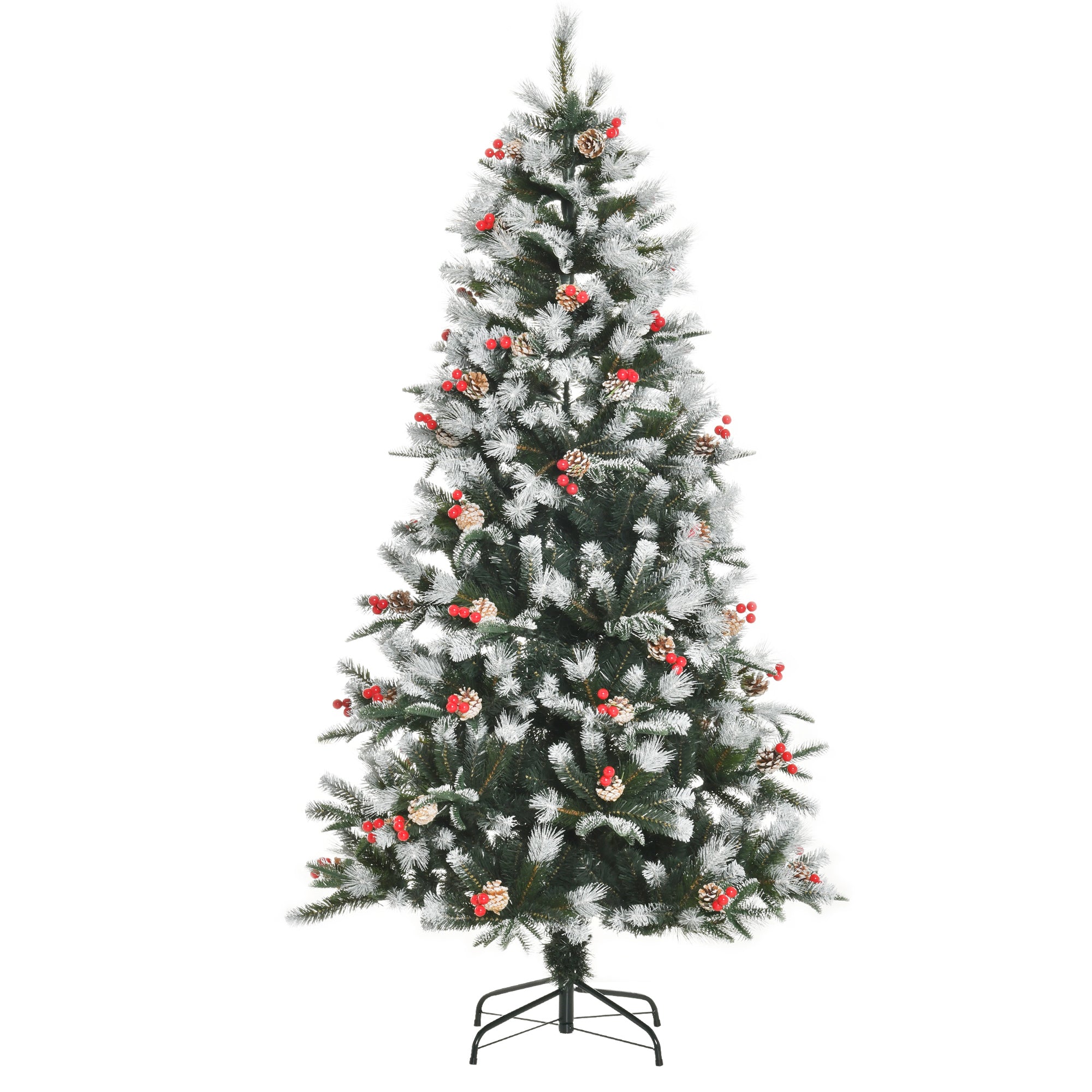 Easycomfort Albero di Natale Innevato 180cm con Bacche Rosse e Pigne Bianche, Base Rimovibile Pieghevole, 678 Rami, Verde