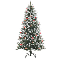 Easycomfort Albero di Natale Innevato 180cm con Bacche Rosse e Pigne Bianche, Base Rimovibile Pieghevole, 678 Rami, Verde