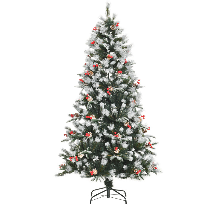 Easycomfort Albero di Natale Innevato 180cm con Bacche Rosse e Pigne Bianche, Base Rimovibile Pieghevole, 678 Rami, Verde