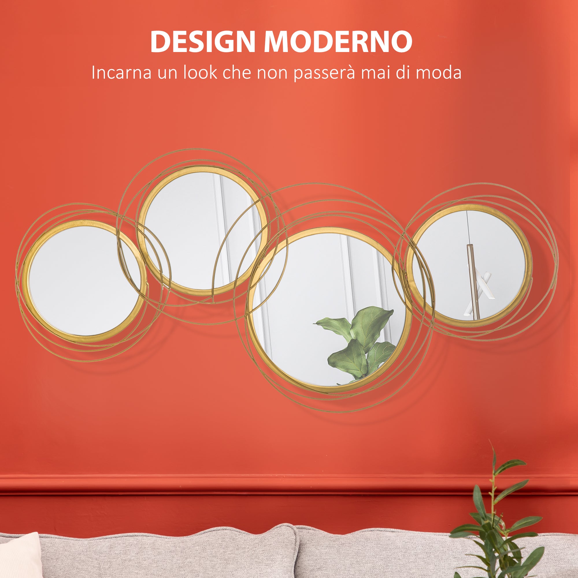 EasyComfort Decorazione Murale 3D in Metallo, Wall Art a Cerchi con Specchi 107x56cm, Oro