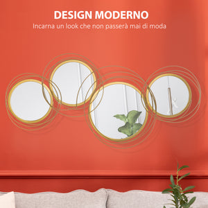 EasyComfort Decorazione Murale 3D in Metallo, Wall Art a Cerchi con Specchi 107x56cm, Oro