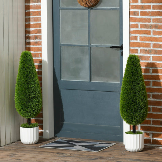 Easycomfort Set 2 Piante Finte di Cipresso con Vasi Ø12x16 cm, Muschio e Cemento, in PE e Plastica, Verde e Bianco