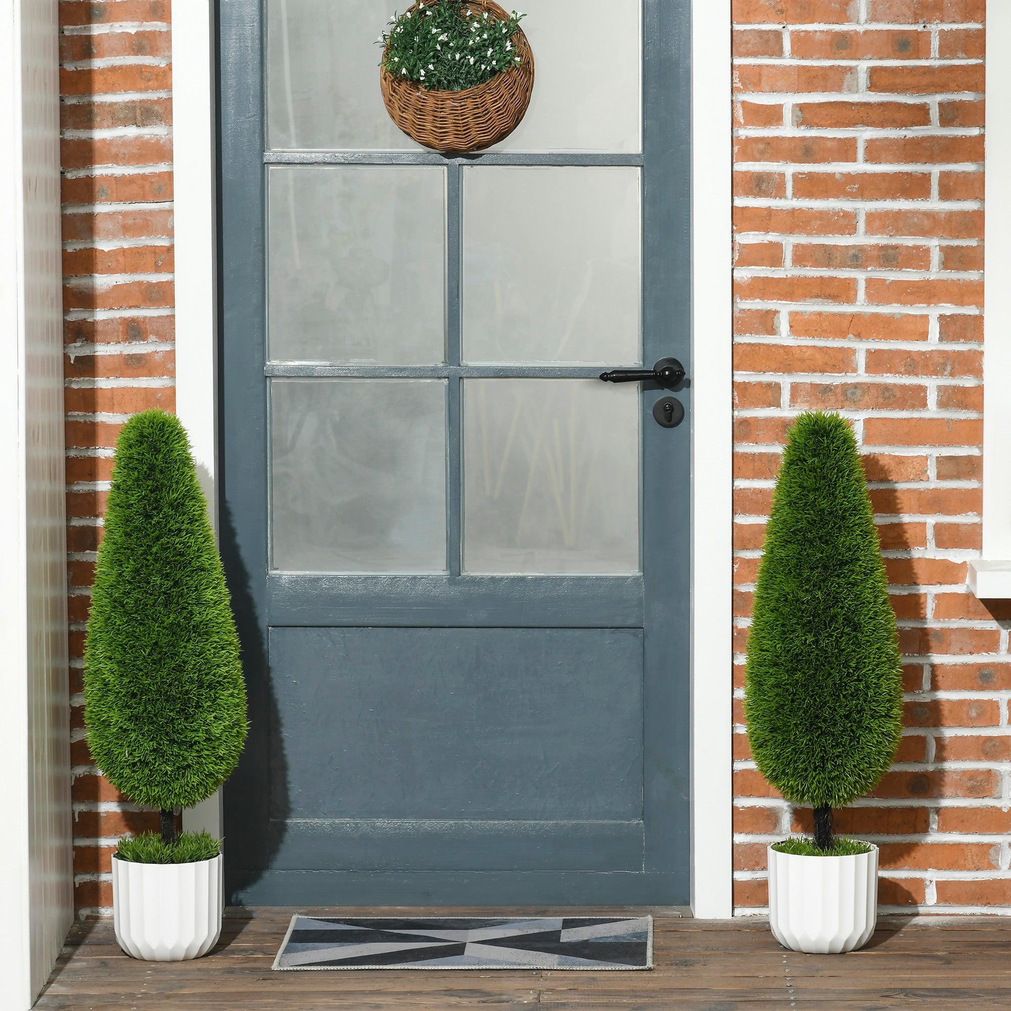 Easycomfort Set 2 Piante Finte di Cipresso con Vasi Ø12x16 cm, Muschio e Cemento, in PE e Plastica, Verde e Bianco