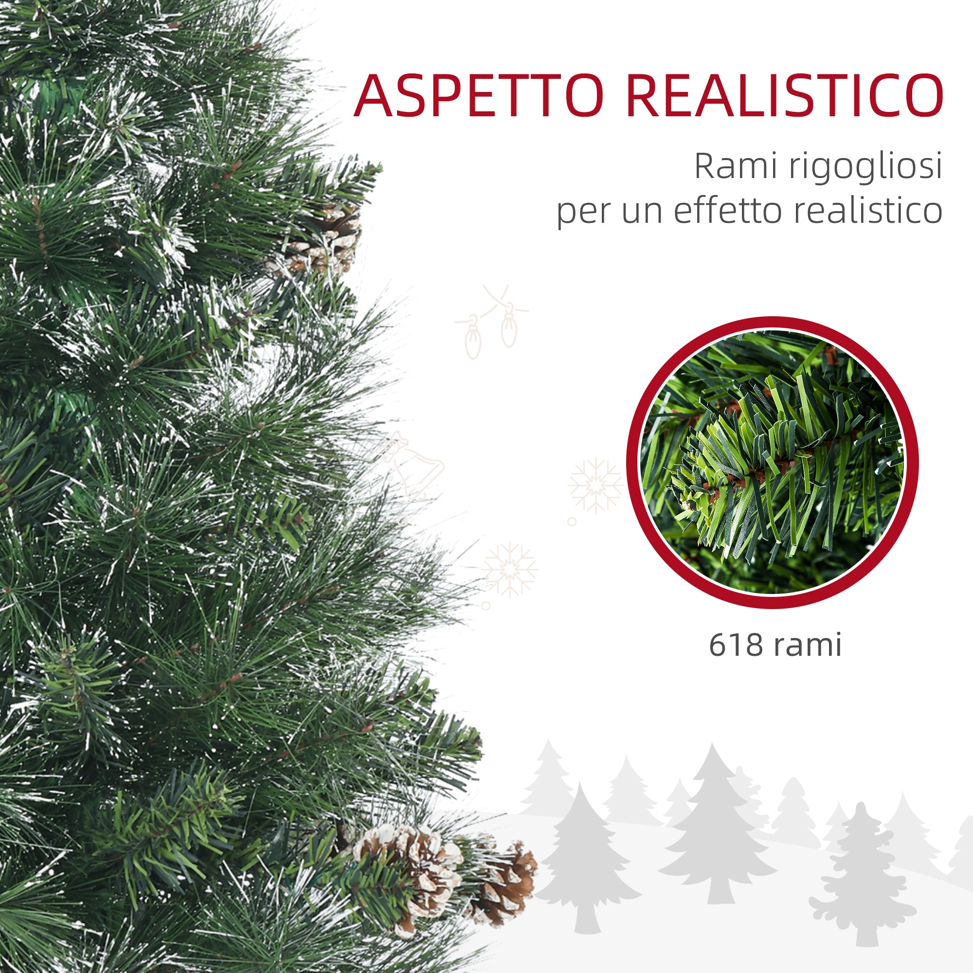 EasyComfort Albero di Natale Artificiale da 180cm con Pigne, 618 Rami e Base in Metallo, Verde